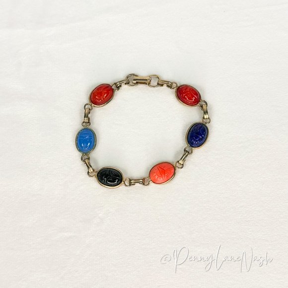 Vintage Jewelry - Vintage Multi Color Oval Gem Charm Bracelet